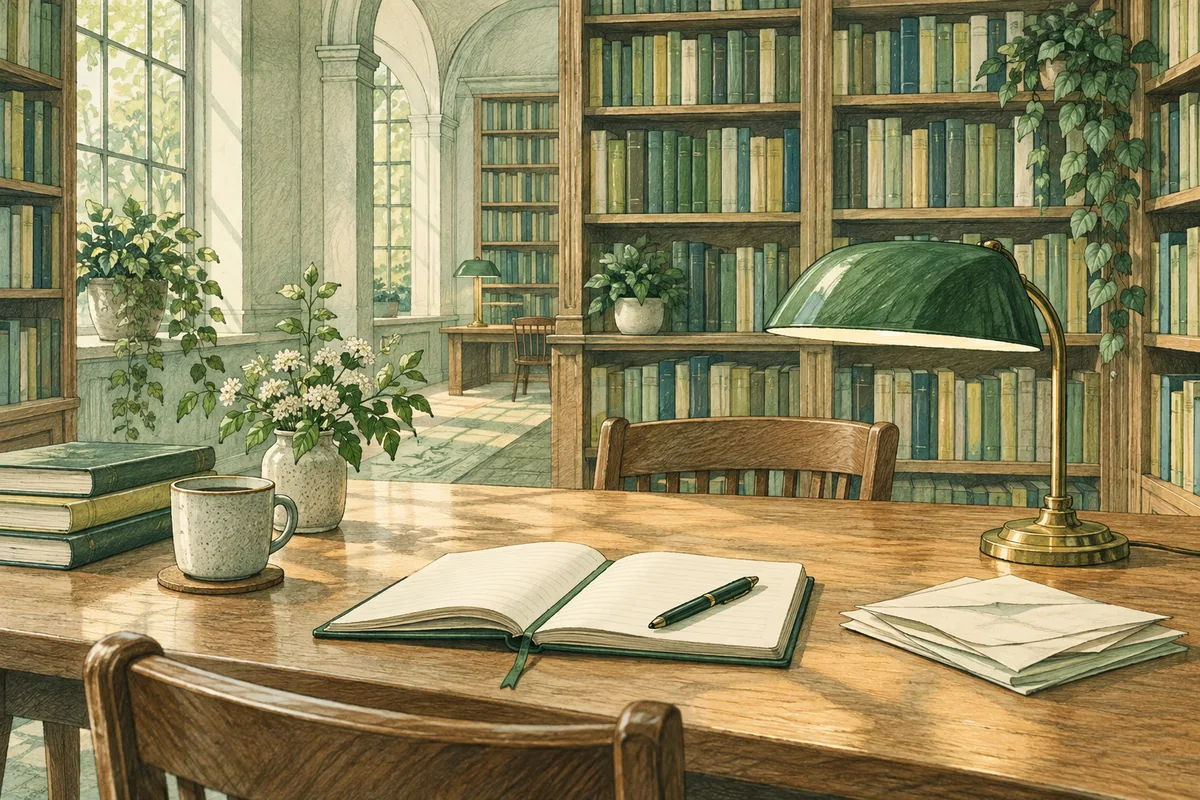 A library research table with books, a notebook and a lamp. AI-created editorial illustration.