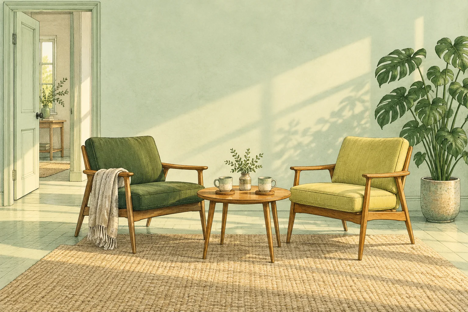 An illustrated quiet room with two empty armchairs, two mugs and an open door. AI-created editorial illustration.